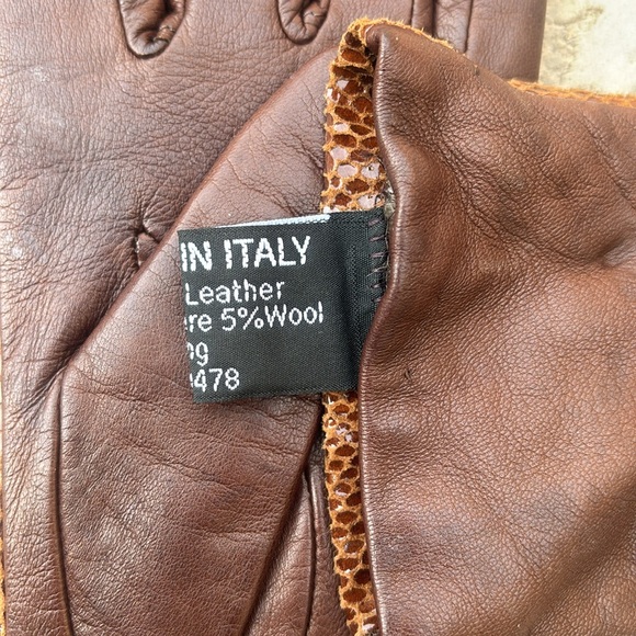 Brown Leather Women’s Gloves Snakeskin Print Cashmere Lining Italy Size 7.5 - Picture 4 of 5